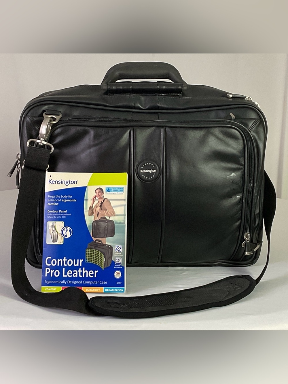 Kensington Black Leather Laptop Briefcase with Shoulder Strap